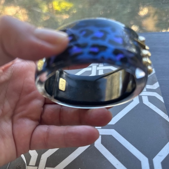 Alexis Bittar Navy Blue/Black Animal Print Hinged Bangle w/Gold Accents